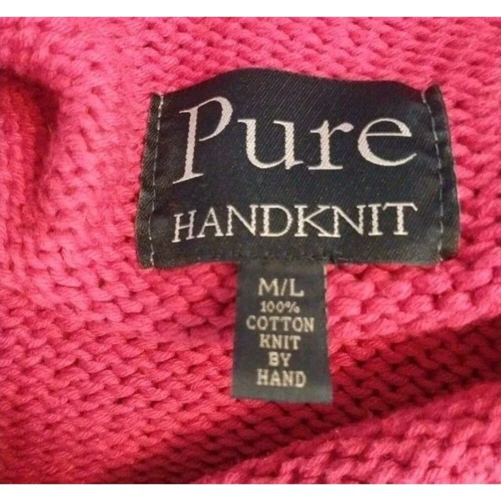 Vintage Pure Handknit Sweater M/L Red Cotton Shell Button Boho Art Knit